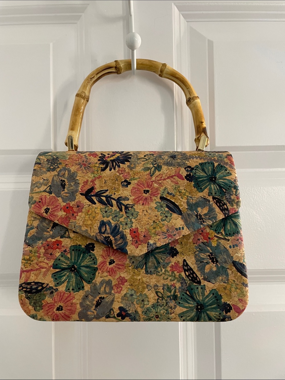 Floral Bamboo-Handle Top-Handle Bag - Multicolor